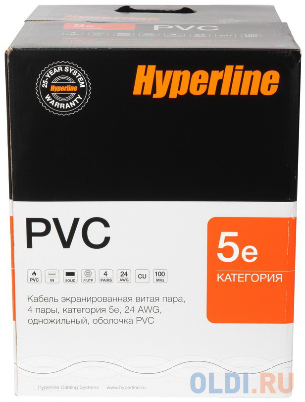 Кабель информационный Hyperline FUTP4-C5E-S24-IN-PVC-GY-305 кат.5е F/UTP общий экран 4X2X24AWG PVC внутренний 305м серый - фото 7