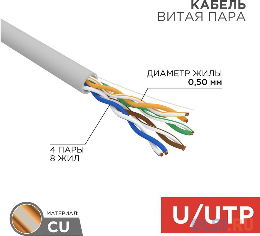 REXANT (01-0043-R) Кабель витая пара U/UTP, CAT 5e, PVC, 4PR, 24AWG, INDOOR, SOLID, серый, 305м, РФ - 01-0043-R