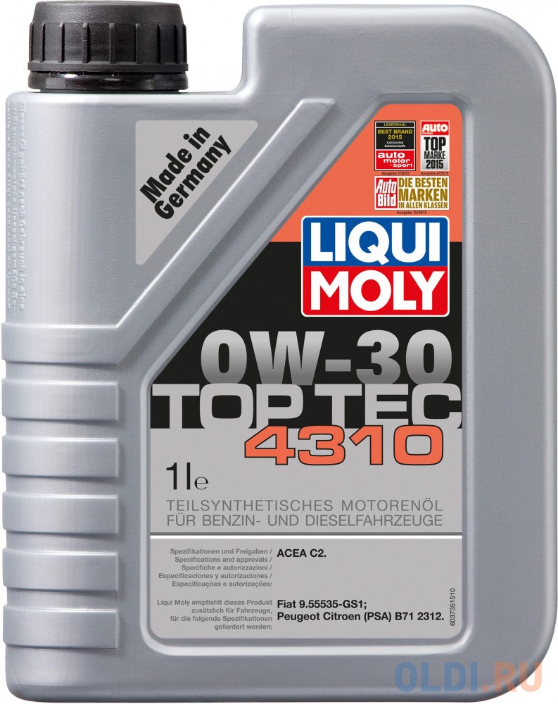 Полусинтетическое моторное масло LiquiMoly Top Tec 4310 0W30 1 л 2361 масло моторное полусинтетическое для 2 тактного двигателя liqui moly 2t motoroil 8036 0 25 л