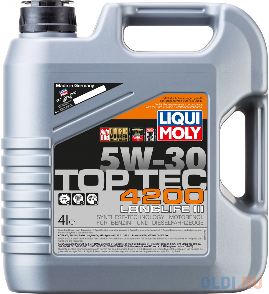 НС-синтетическое моторное масло LiquiMoly Top Tec 4200 5W30 4 л 3715 малозольное синтетическое моторное масло eurolub