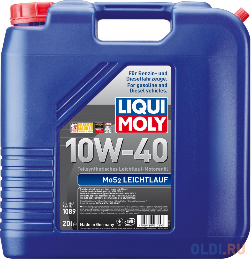 Полусинтетическое моторное масло LiquiMoly MoS2 Leichtlauf 10W40 20 л 1089 масло моторное полусинтетическое для 2 тактных двигателей liqui moly 2 takt motoroil 1л 3958