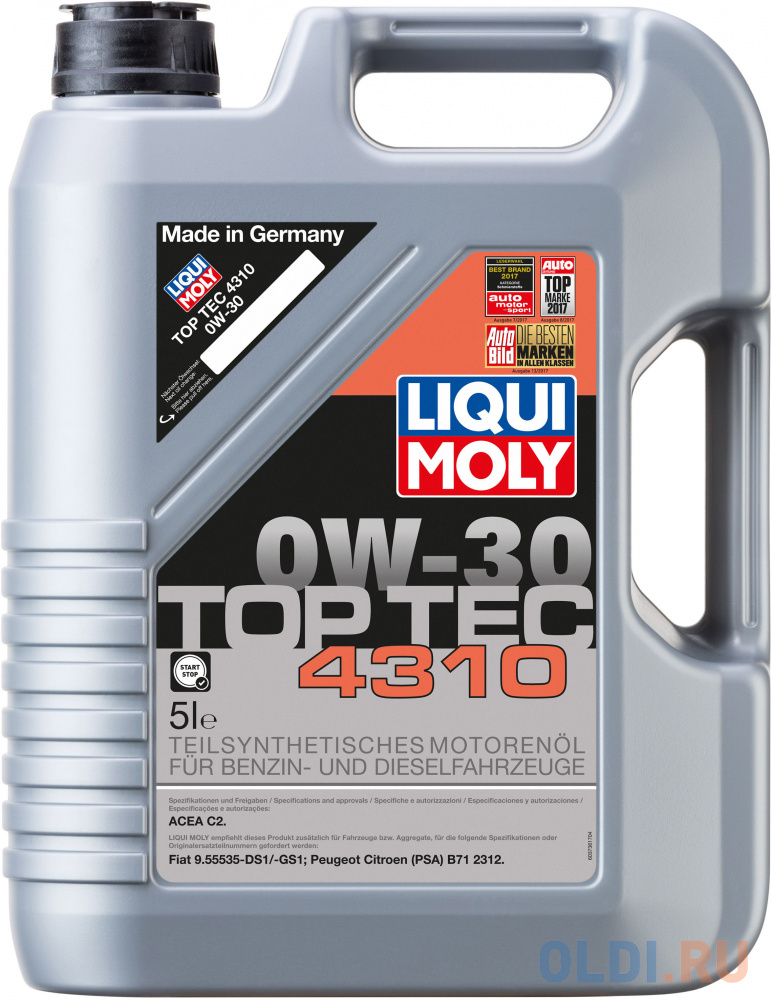 Полусинтетическое моторное масло LiquiMoly Top Tec 4310 0W30 5 л 2362 масло моторное полусинтетическое для 2 тактных двигателей liqui moly 2 takt motoroil 1л 3958