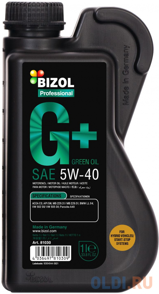 81030 BIZOL НС-синт. мот.масло Green Oil+ 5W-40 SN C3 (1л)
