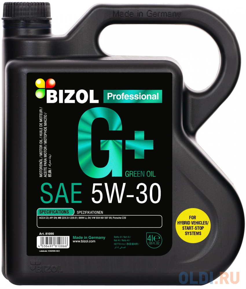 81076 BIZOL Синт-ое мот.масло Green Oil+ 5W-20 SN A1/B1 GF-5 (4л) 2451 liquimoly синт мот масло synthoil energy 0w 40 sn a3 b4 4л