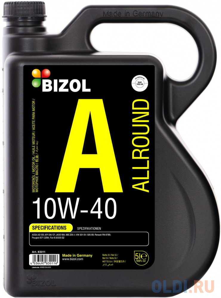 83011 BIZOL НС-синт. мот.масло Allround 10W-40 SN A3/B4 MA2 (5л) 88210 bizol нс синт мот масло technology 0w 20 c5 1л