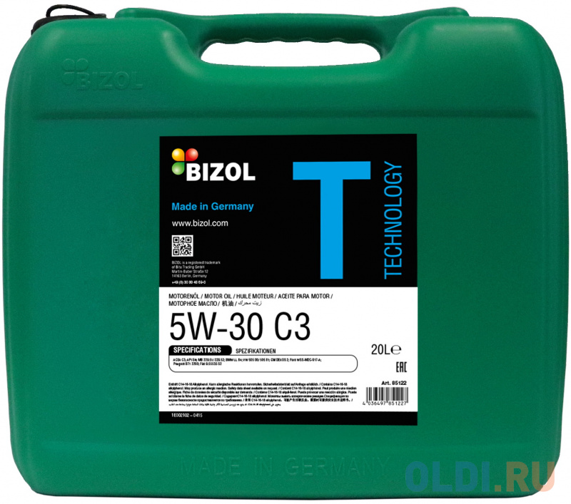 

85122 BIZOL НС-синт. мот.масло Technology 5W-30 SN C3 (20л)