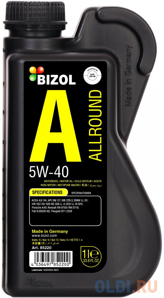 85220 BIZOL НС-синт. мот.масло Allround 5W-40 SN A3/B4 (1л)