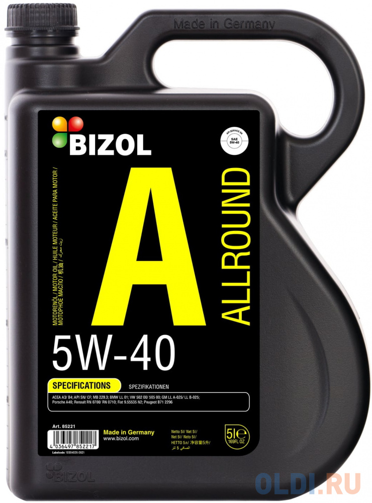85221 BIZOL НС-синт. мот.масло Allround 5W-40 SN A3/B4 (5л) 88210 bizol нс синт мот масло technology 0w 20 c5 1л
