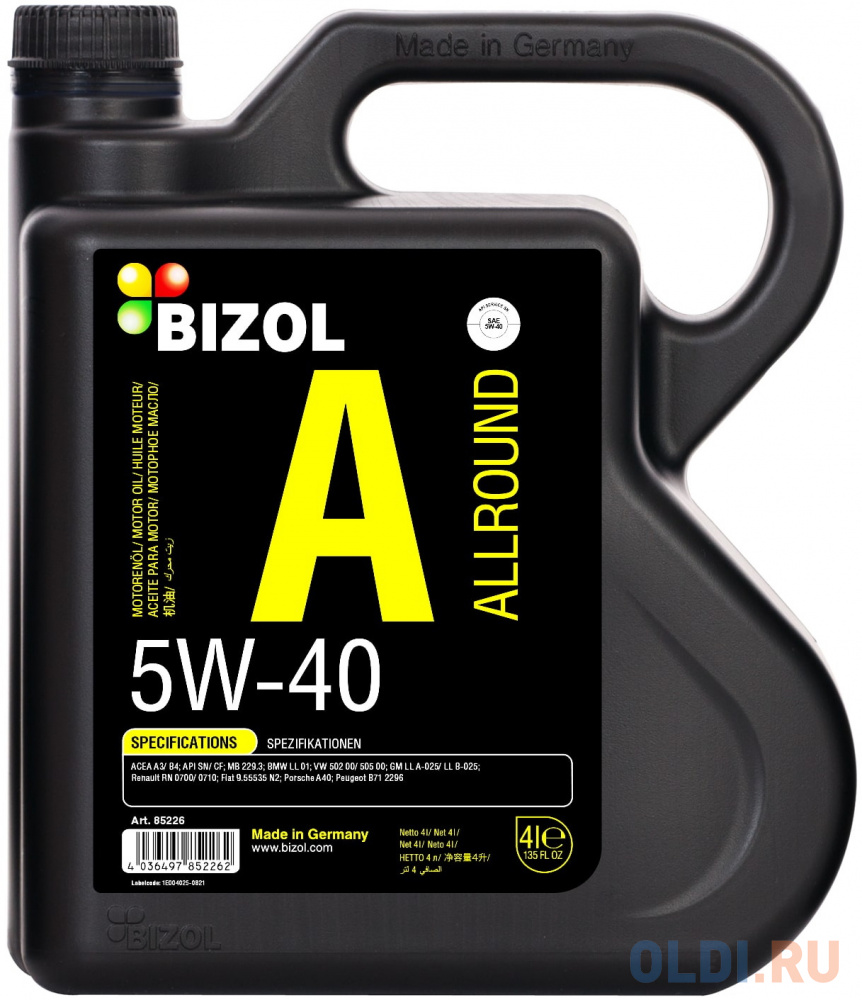 85226 BIZOL НС-синт. мот.масло Allround 5W-40 SN A3/B4 (4л)