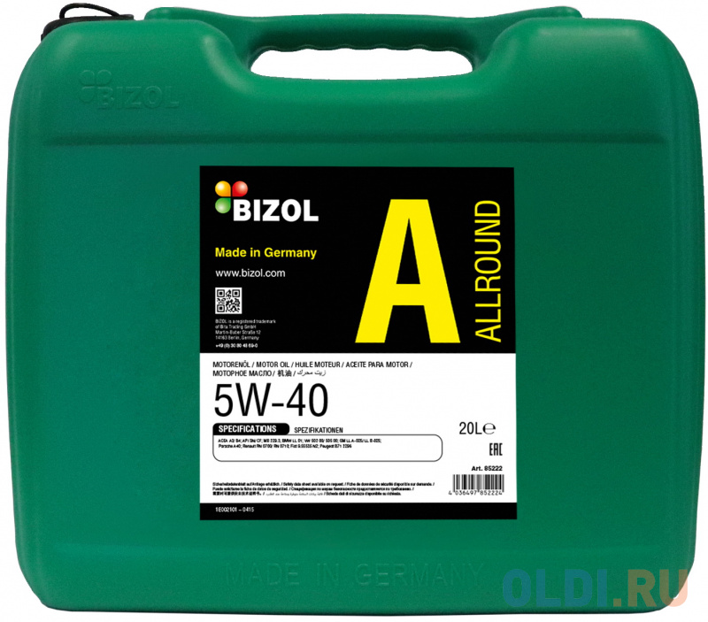 

85222 BIZOL НС-синт. мот.масло Allround 5W-40 SN A3/B4 (20л)