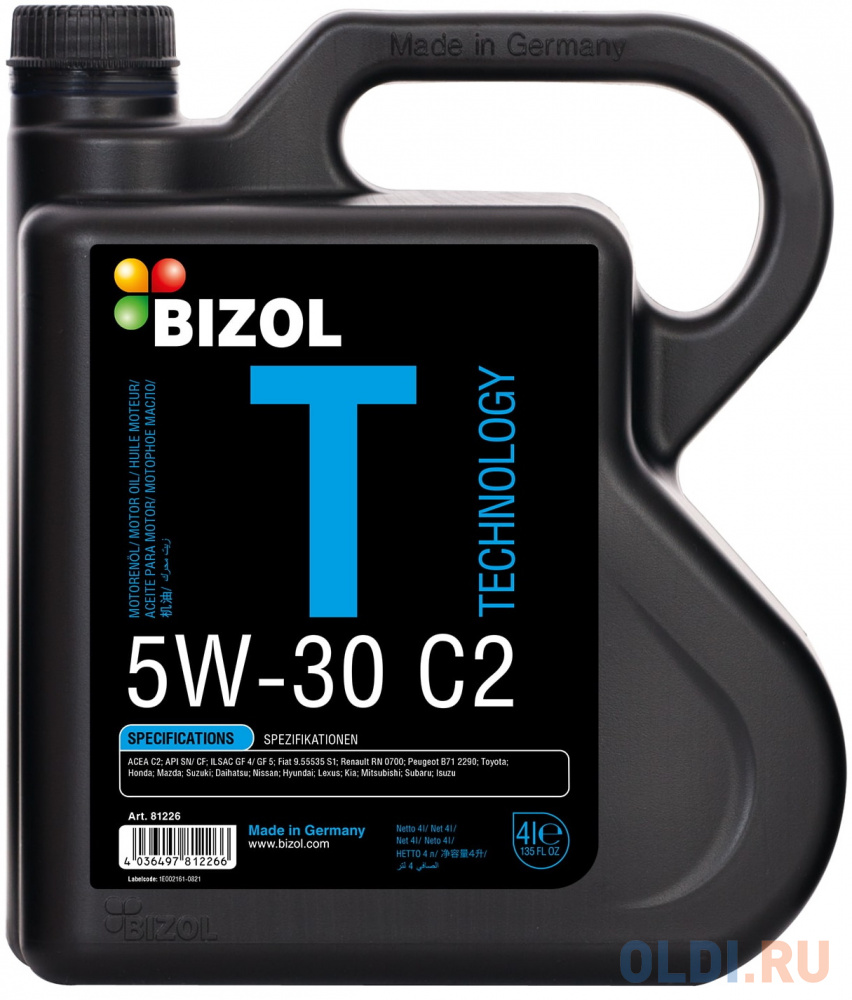 81226 BIZOL НС-синт. мот.масло Technology 5W-30 C2 (4л) 6562 meguin нс синт мот масло megol motorenoel compatible sae 5w 30 plus sp c3 5л