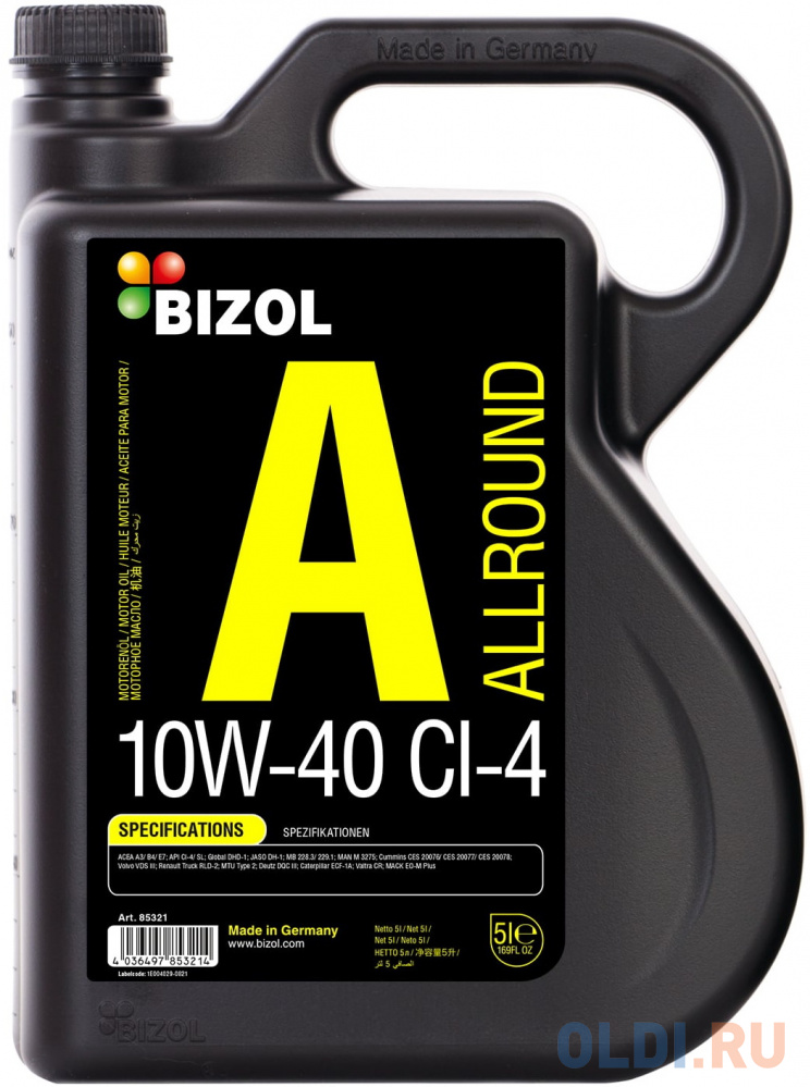 85321 BIZOL НС-синт. мот.масло Allround 10W-40 CI-4/SL A3/B4/E7 DH-1 (5л)