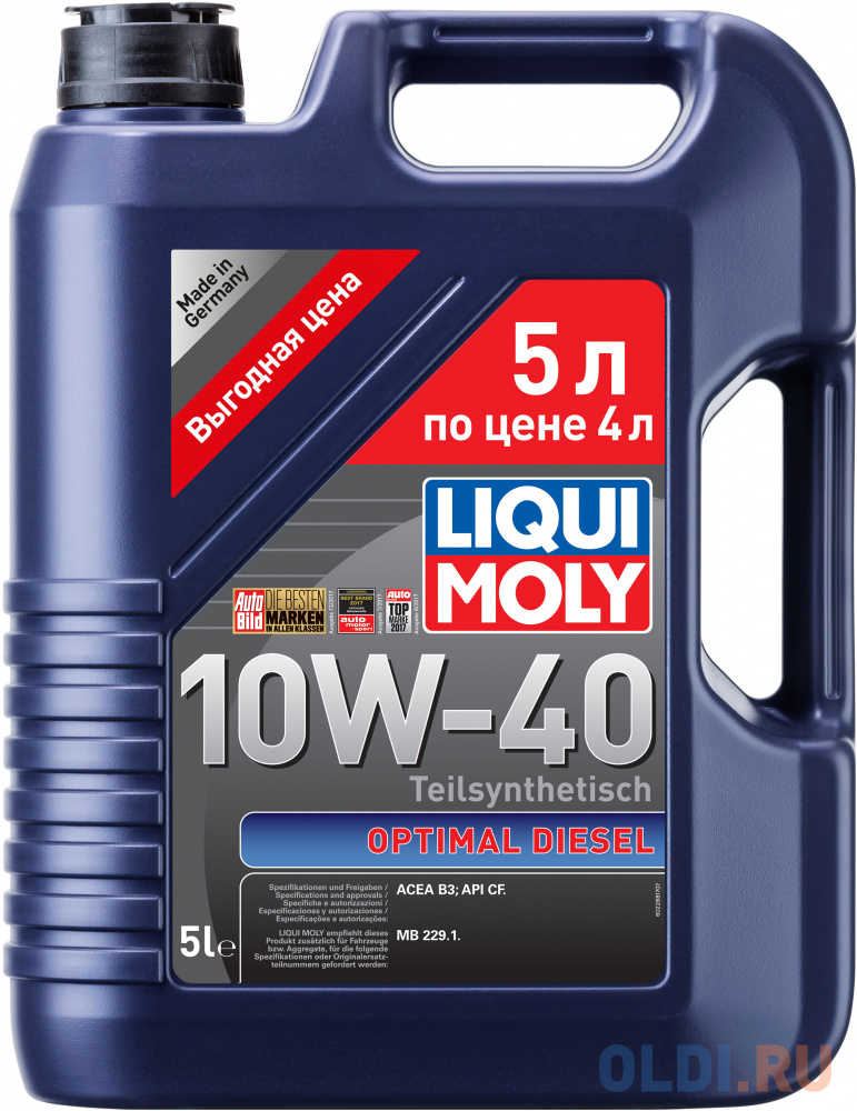 Полусинтетическое моторное масло LiquiMoly Optimal Diesel 10W40 5 л 2288 полусинтетическое моторное масло liquimoly top tec 4310 0w30 5 л 2362