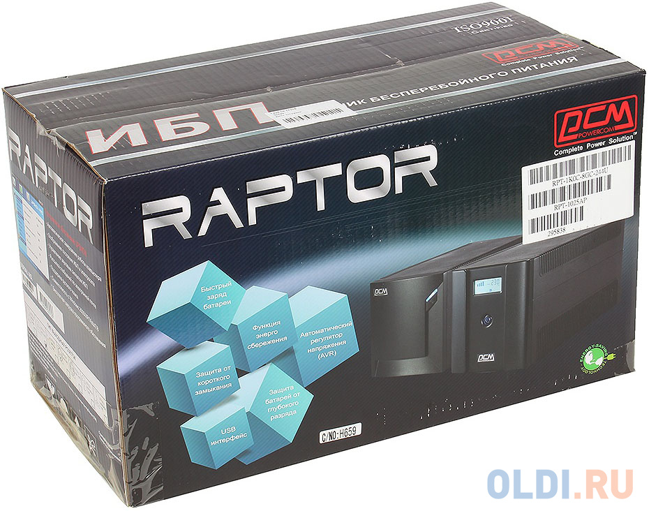 ИБП Powercom RPT-1025AP Raptor 1025VA/615W USB,AVR,RJ11,RJ45 (6 IEC) фото