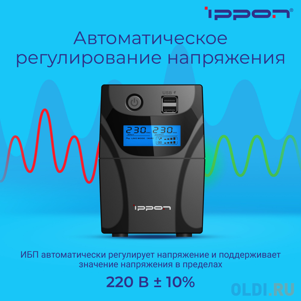 ИБП Ippon Back Power Pro II 650 650VA/360W LCD,RJ-45,USB (2 EURO) фото