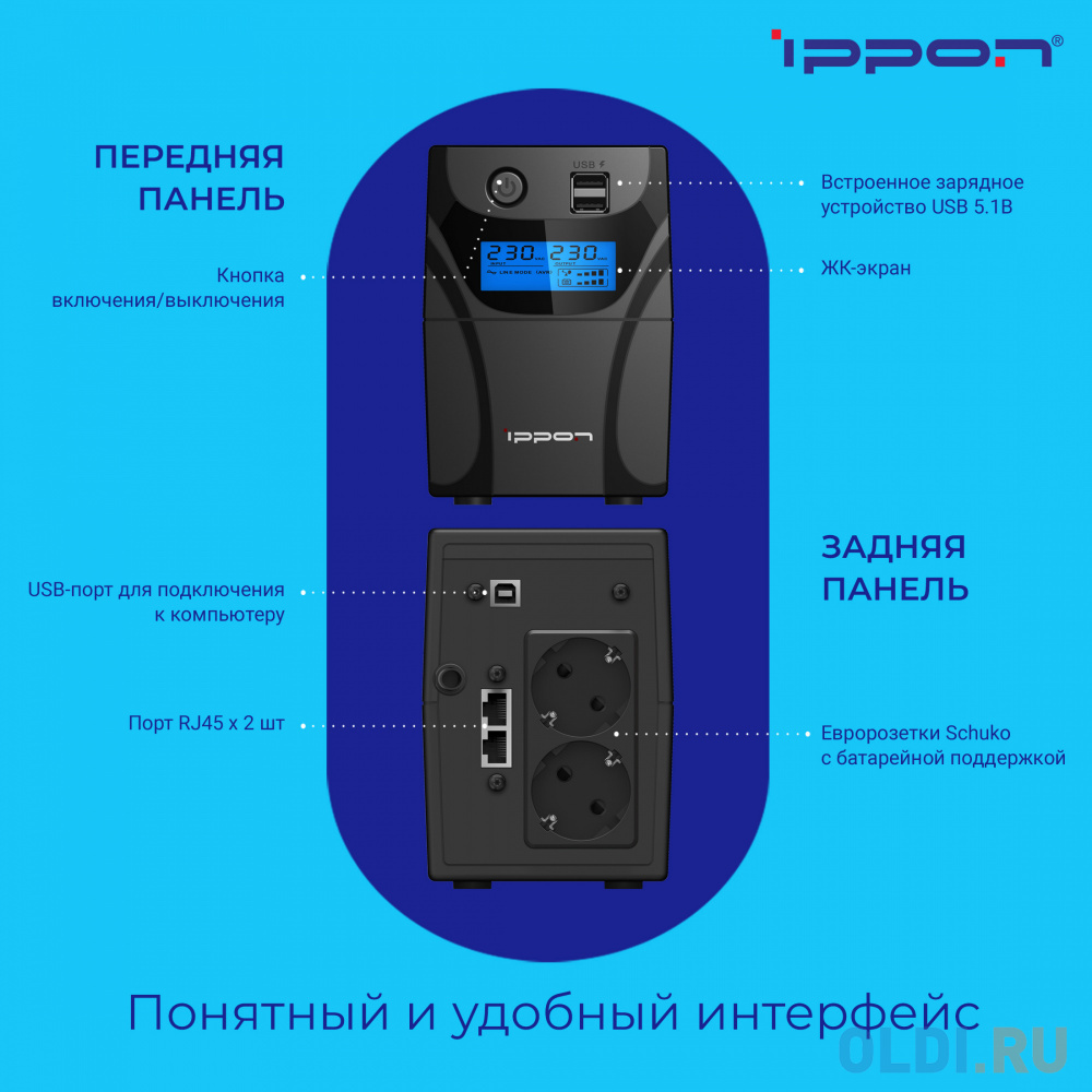 ИБП Ippon Back Power Pro II 650 650VA/360W LCD,RJ-45,USB (2 EURO) фото
