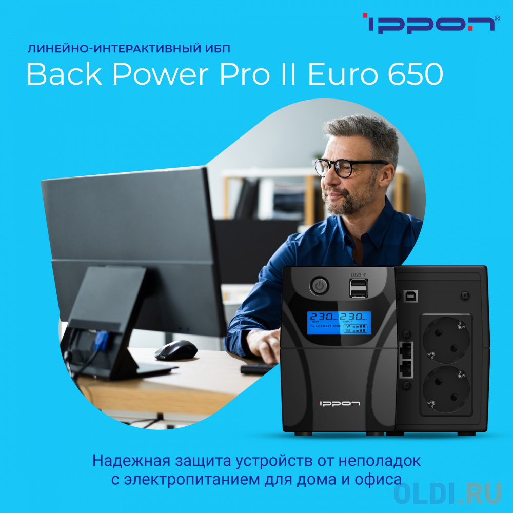 ИБП Ippon Back Power Pro II 650 650VA/360W LCD,RJ-45,USB (2 EURO) фото
