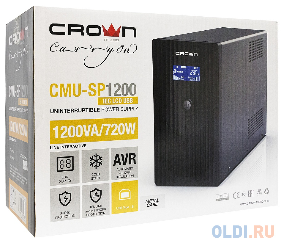 UPS CROWN 1200VA / 720W, metal, 2x12V / 9AH, 8 * IEC sockets + 1*IEC С13 bybass, AVR 140-290V, 1.8m CMU-SP1200IEC LCD USB - фото 3