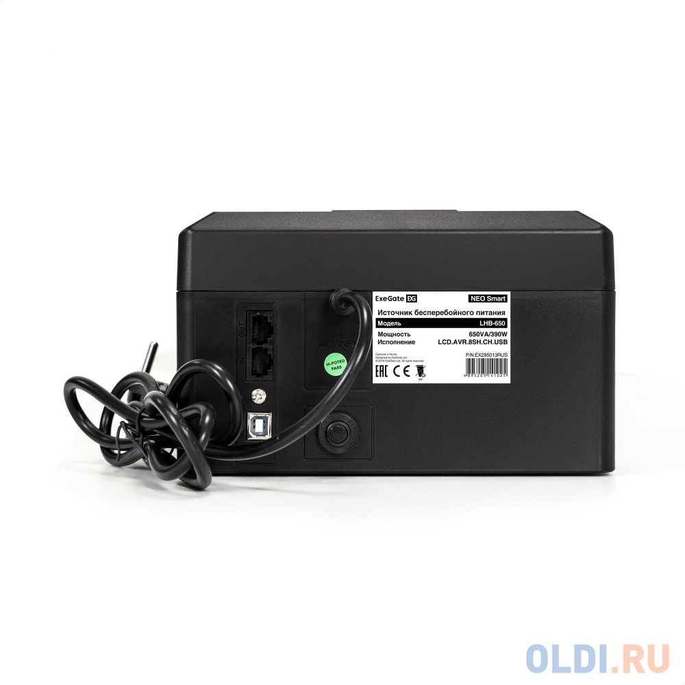 ИБП ExeGate NEO Smart LHB-650.LCD.AVR.8SH.CH.RJ.USB <650VA/390W, LCD, AVR, 8*Schuko, RJ45/11, USB, 4*USB-порта для зарядки, Black> EX295013RUS - фото 3