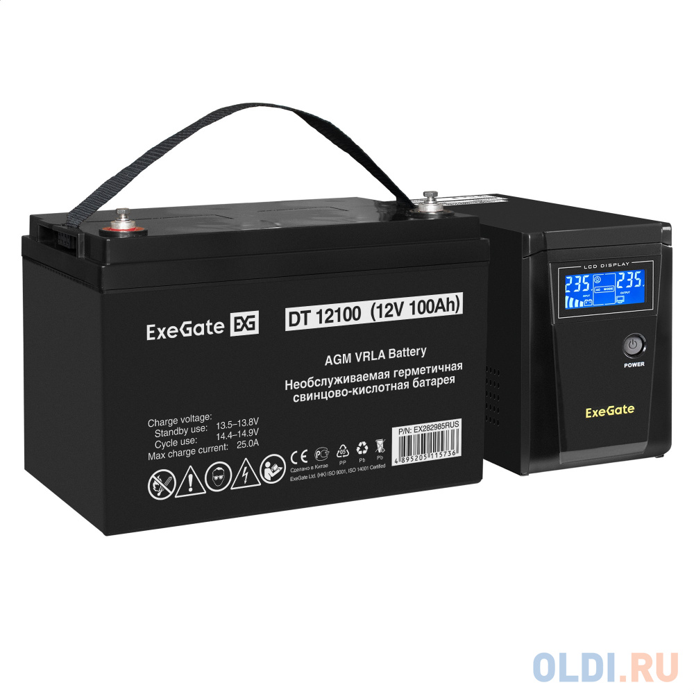 Комплект ИБП EX295986RUS + батарея 100Aч EX282985RUS 1шт (инвертор, синус, для котла) ExeGate SineTower SZ-600.LCD.AVR.1SH <600VA/360W, чистый сину EX296781RUS - фото 1