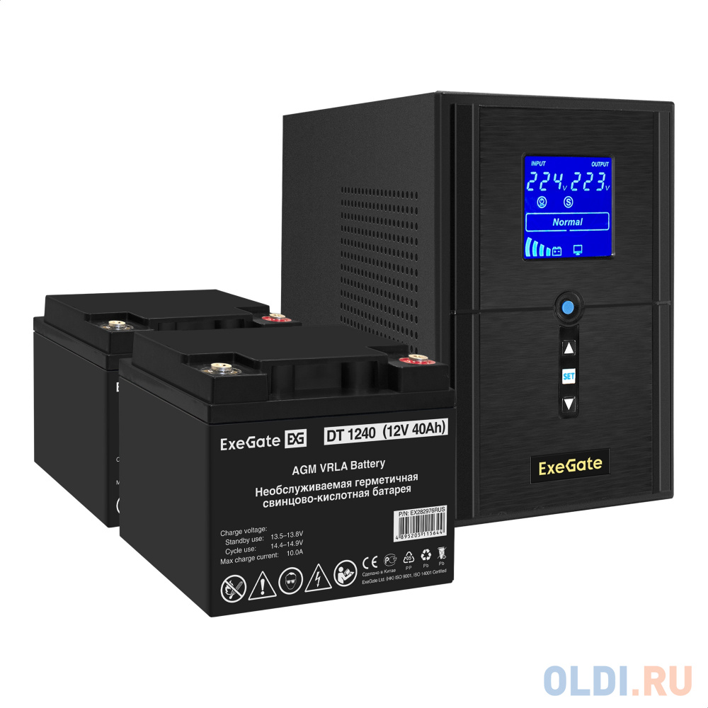 Комплект ИБП EX295987RUS + батарея 40Aч EX282976RUS 2шт (инвертор, синус, для котла) ExeGate SineTower SZ-1000.LCD.AVR.2SH.1C13.USB <1000VA/800W, ч