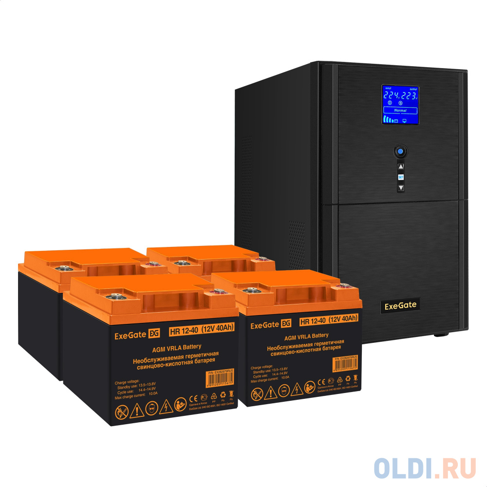 Комплект ИБП EX295990RUS + батарея 40Aч EX282979RUS 4шт (инвертор, синус, для котла) ExeGate SineTower SZ-3000.LCD.AVR.3SH.1C13.RJ.USB <3000VA/2400