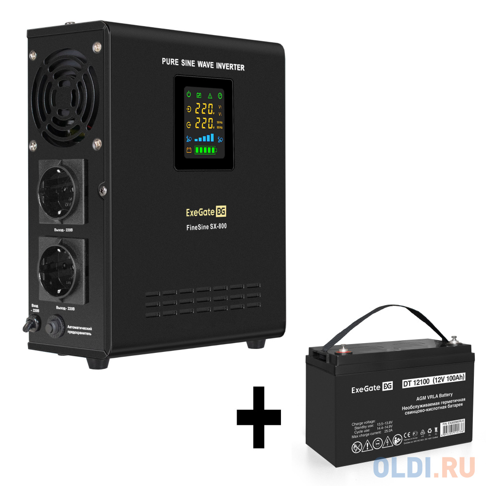 Комплект ИБП EX295996RUS + батарея 100Aч EX282985RUS 1шт (инвертор, синус, для котла, настенный) ExeGate FineSine SX-800.LCD.AVR.2SH &lt;800VA/500W, ч - EX296531RUS
