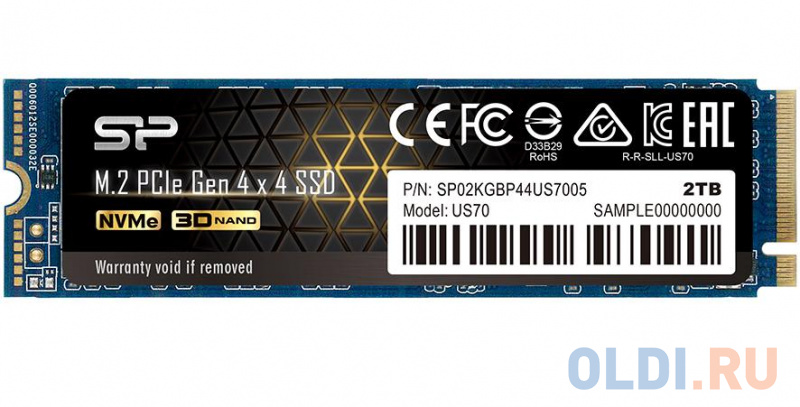 

Твердотельный накопитель SSD M.2 Silicon Power 2.0TB US70 <SP02KGBP44US7005> (PCI-E 4.0 х4, up to 5000/4400MBs, 3D TLC, DRAM, NVMe 1.3, 22х80mm)