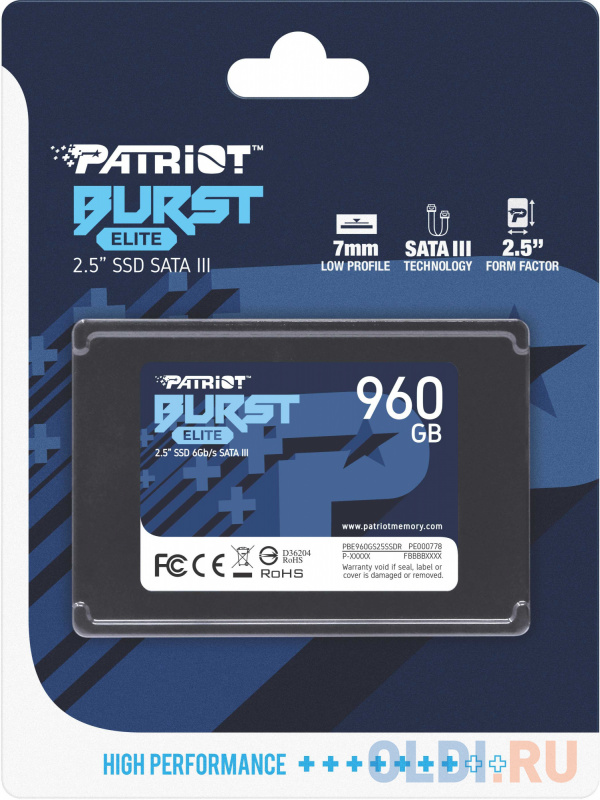 Твердотельный накопитель SSD 2.5" Patriot 960GB Burst Elite <PBE960GS25SSDR> (SATA3, up to 450/320Mbs, 800TBW, 7mm) фото
