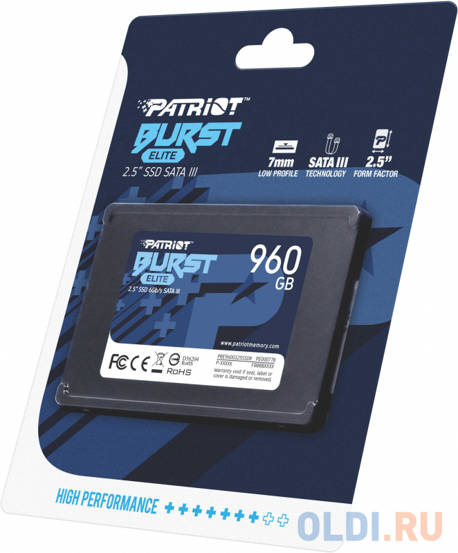 Твердотельный накопитель SSD 2.5" Patriot 960GB Burst Elite <PBE960GS25SSDR> (SATA3, up to 450/320Mbs, 800TBW, 7mm) фото