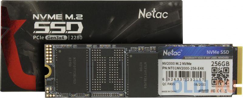 Твердотельный накопитель SSD M.2 Netac 256Gb NV2000 Series <NT01NV2000-256-E4X> Retail (PCI-E 3.1 x4, up to 2500/1000MBs, 3D NAND, 150TBW, NVMe фото