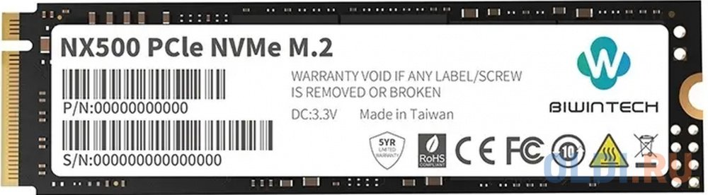 Твердотельный накопитель SSD M.2 BiwinTech 256Gb NX500 Series <82P1B8#G> (PCI-E 3.0 x4, up to 1900/1300MBs, 3D NAND, 140TBW, 22х80mm)