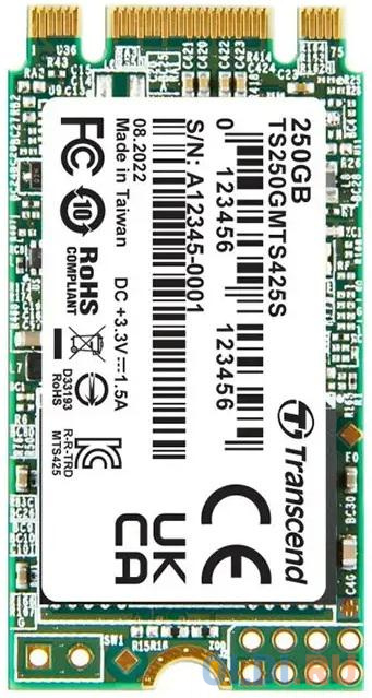 Твердотельный накопитель SSD M.2 Transcend 250Gb MTS425 <TS250GMTS425S> (SATA3, up to 500/330MBs, 3D NAND, 90TBW, 22x42mm) твердотельный накопитель ssd 2 5 kingspec 960gb p4 series p4 960 sata3 up to 570 560mbs 3d nand 200tbw