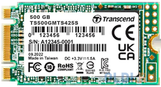 Твердотельный накопитель SSD M.2 Transcend 500Gb MTS425 <TS500GMTS425S> (SATA3, up to 530/480MBs, 3D NAND, 180TBW, 22x42mm) твердотельный накопитель ssd m 2 transcend 250gb mts825 ts250gmts825s sata3 up to 500 330mbs 3d nand 90tbw 22x80mm