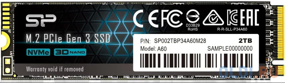 Твердотельный диск 2TB Silicon Power P34A60, M.2 2280, PCI-E 3x4 [R/W - 2200/1600 MB/s] SP002TBP34A60M28