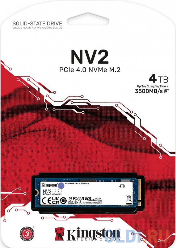 Твердотельный накопитель/ Kingston SSD NV2, 4000GB, M.2(22x80mm), NVMe, PCIe 4.0 x4, 3D TLC, R/W 3500/2800MB/s, TBW 1280, DWPD 0.3 (3 года) фото