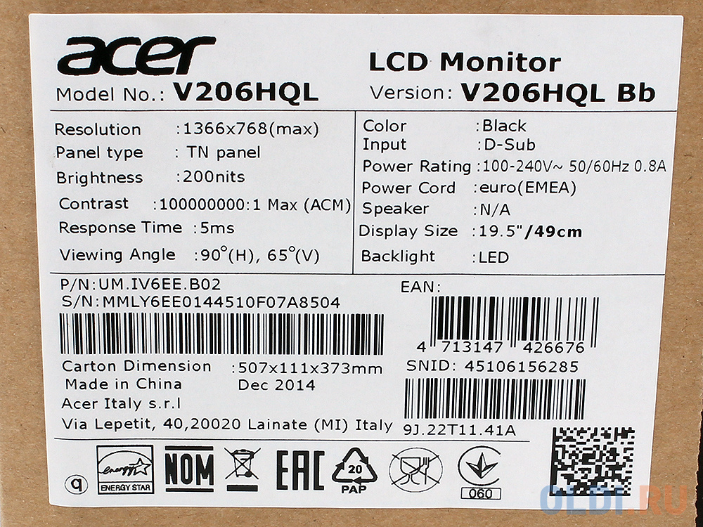 Монитор 19.5" Acer V206HQLBB Black LED, 1366x768, 5ms, 200 cd/m2, 100M:1, D-Sub UM.IV6EE.B02 - фото 9