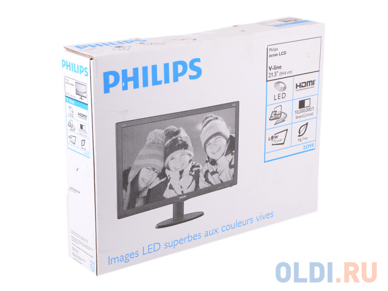Монитор 21.5" Philips 223V5LHSB/00(01) Black Hairline WLED, 1920x1080, 5ms, 250 cd/m2, 1000:1 (DCR 10M:1), D-Sub, HDMI, vesa