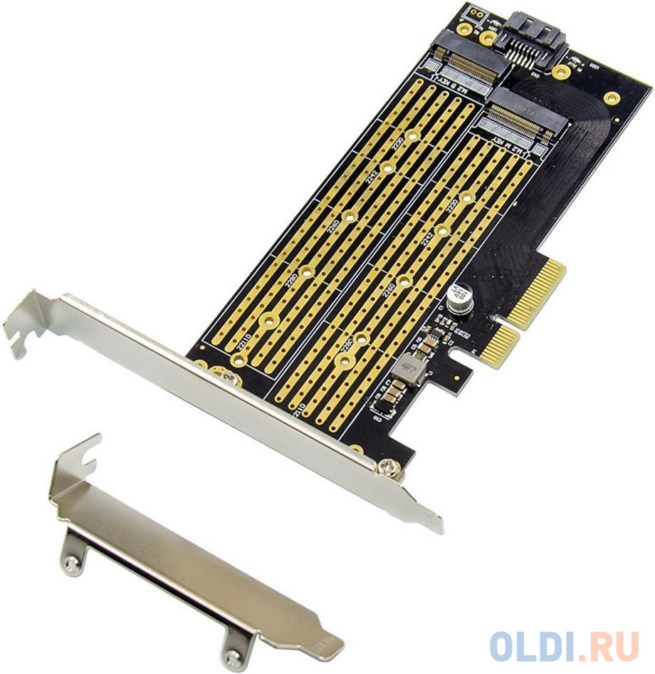 ORIENT C301E, Переходник PCI-Ex4->NGFF (M.2) M-key PCI-E SSD + SATA->NGFF (M.2) B-key SSD, тип 2230/2242/2260/2280/22110, SATA кабель и 2 планки