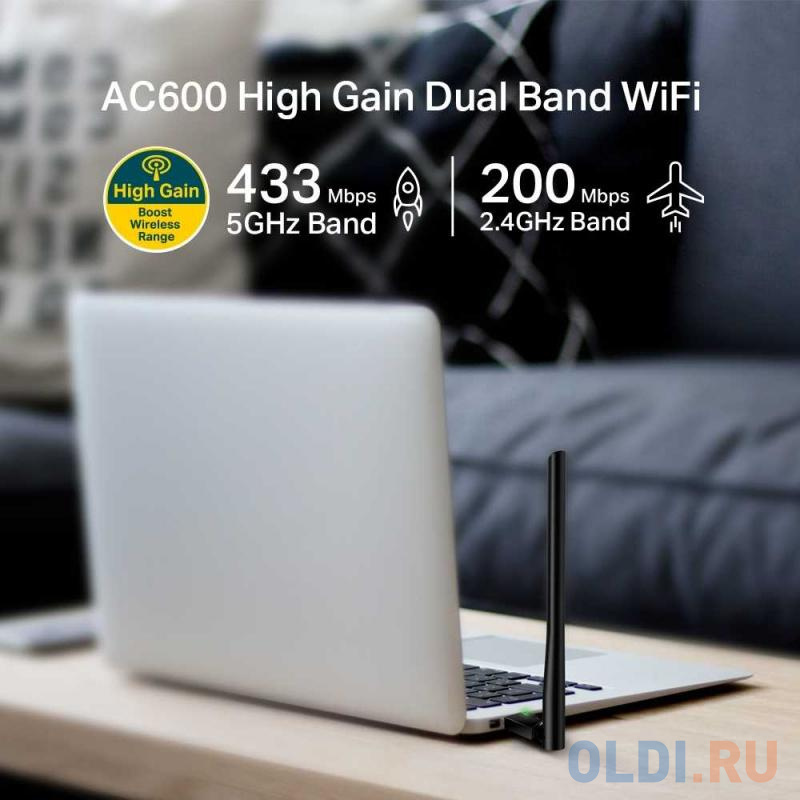 Адаптер TP-LINK Archer T2U Plus AC600 Двухдиапазонный Wi-Fi USB-адаптер высокого усиления от OLDI