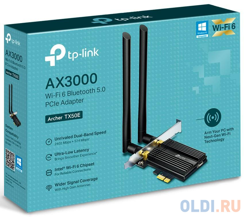 Сетевой адаптер Wi-Fi 6+ Bluetooth 5.0 TP-Link Archer TX50E AX3000 черный от OLDI