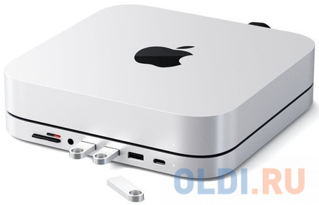 USB док станция с подставкой Satechi Mac Mini Stand & Hub для Mac Mini. Порты: 1x USB-C, 3 x USB, 3,5mm AUX, SD, microSD. Цвет: серебристый ST-ABHFS - фото 3