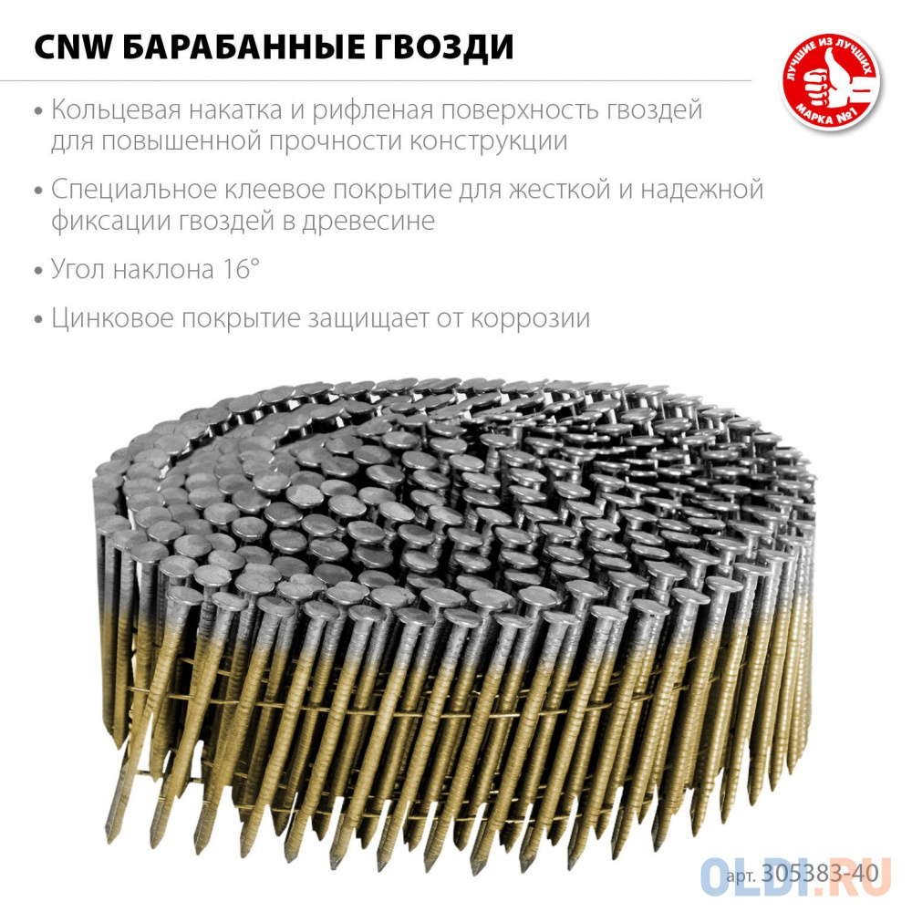 

ЗУБР CNW 40 х 2.1 мм, барабанные гвозди рифленые оцинкованные, 12600 шт (305383-40)