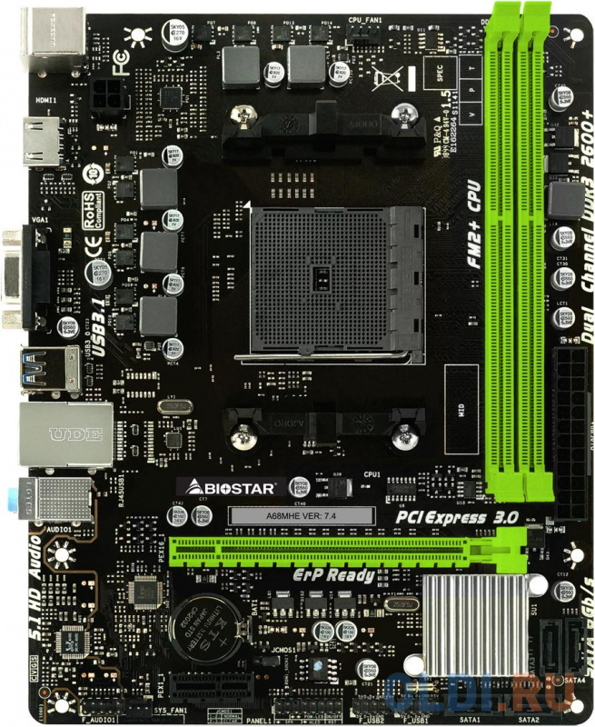 

A68MHE, Socket FM2, AMD A68H, 2xDDR3-2133, D-SUB+HDMI, 1xPCI-Ex16, 1xPCI-Ex1, 4xSATA3(RAID 0/1/10), 6 Ch Audio, GLan, (2+4)xUSB2.0, (2+0)xUSB3.2, 2xPS