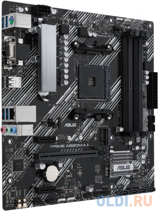 ASUS PRIME A520M-A II, Socket AM4, A520, 4*DDR4,  D-Sub+DP+HDMI, SATA3 + RAID, Audio, Gb LAN, USB 3.2*5, USB 2.0*4, COM*1 header (w/o cable), mATX ; 9 фото