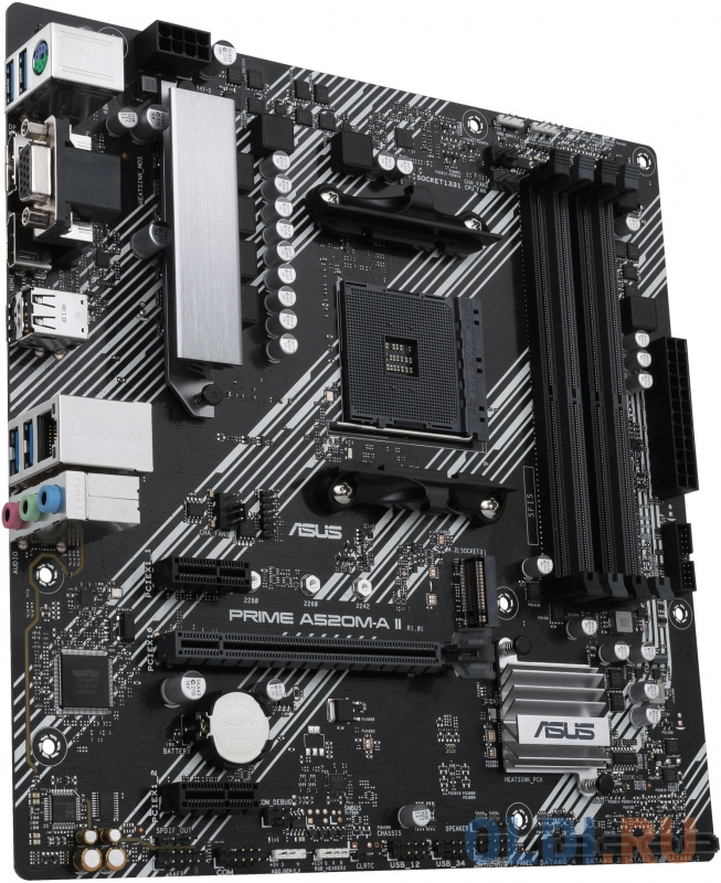 ASUS PRIME A520M-A II, Socket AM4, A520, 4*DDR4,  D-Sub+DP+HDMI, SATA3 + RAID, Audio, Gb LAN, USB 3.2*5, USB 2.0*4, COM*1 header (w/o cable), mATX ; 9 фото