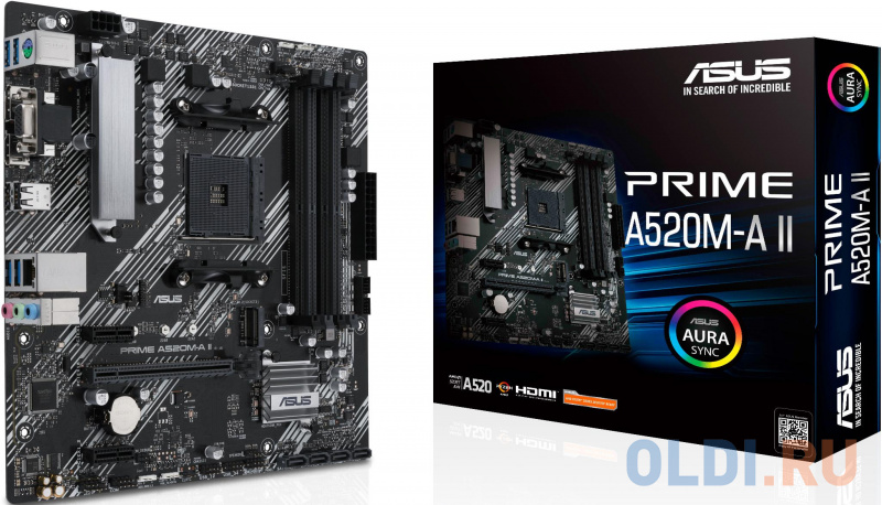 ASUS PRIME A520M-A II, Socket AM4, A520, 4*DDR4,  D-Sub+DP+HDMI, SATA3 + RAID, Audio, Gb LAN, USB 3.2*5, USB 2.0*4, COM*1 header (w/o cable), mATX ; 9 фото