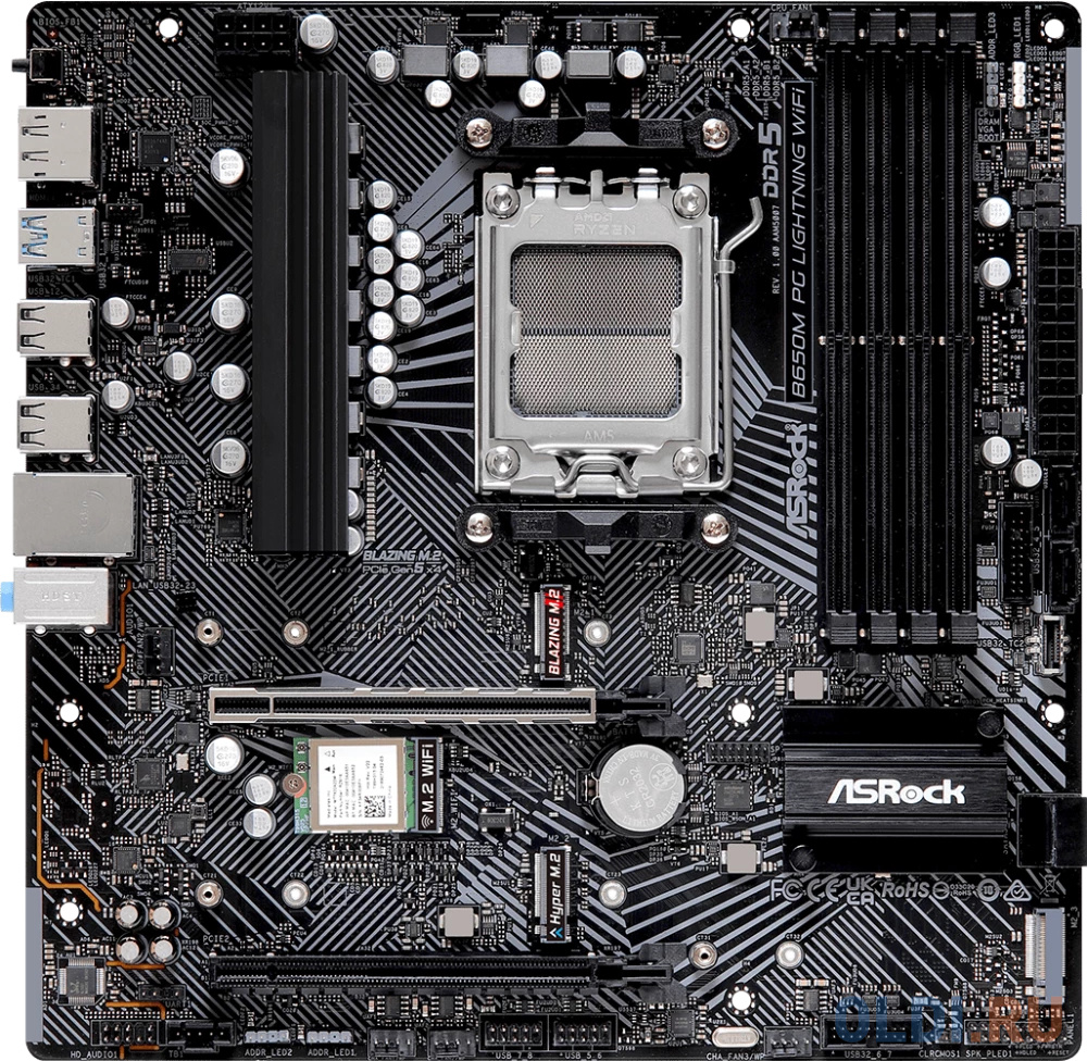 

B650M PG LIGHTNING WIFI, Socket AM5, AMD B650, 4xDDR5-5200, HDMI+DP, 2xPCI-Ex16, 4xSATA3(RAID 0/1/10), 3xM.2, 8 Ch Audio, 1x2.5GLan, WiFi, (4+4)xUSB2.