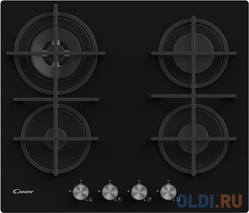

Газовая на стекле 60 см. Цвет: черный Цвет ручек: серебро. Газ-контроль. Автоматический электроподжиг. 4 конфорки