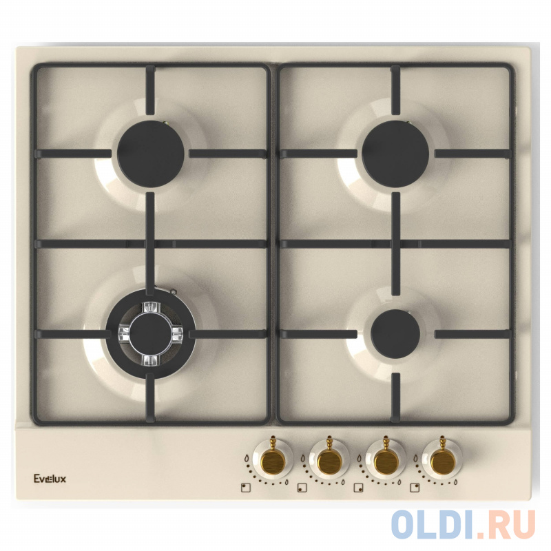 

Варочная панель газовая, retro, 60 см, 4 конфорки: экономичная конфорка (0,95 кВт), 2 стандартных конфорки (2х1,7 кВт), ВОК конфорка (2,5 кВт), газ-ко, Бежевый